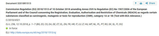 Entrée 72 du règlement (UE) 2018/1513 de la Commission modifiant l'annexe XVII du règlement REACH (CE) no 1907/2006