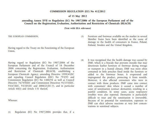 ISO/TS 16186,Règlement (UE) no 412/2012 modifiant l'entrée 61 de l'annexe XVII du règlement REACH (CE) no 1907/2006